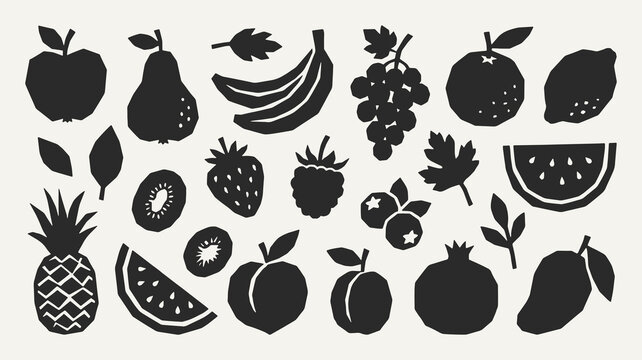 Fruit silhouette collection. Black icons set - apple, pear, banana bunch, citrus, lemon, strawberry, raspberry, watermelon slice, pineapple. Vector linocut style minimalist design elements.