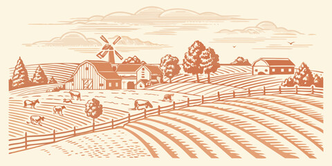 A serene countryside landscape with a windmill barns and grazing cows © Shuvra Majumder