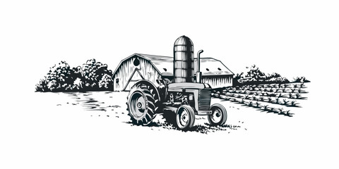 Vintage tractor parked in front of a rural barn illustration © Shuvra Majumder