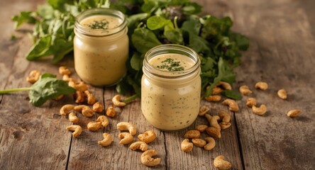 Fototapeta premium Jars filled with creamy cashew and herb dressing resting on wooden surface with fresh salad greens and scattered cashew nuts