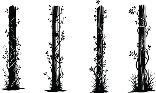 Set of rustic wooden post silhouettes with climbing ivy vines, natural wooden pillars with leafy foliage, organic garden fence elements,