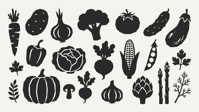 Vegetables silhouette collection. Black icons set - carrot, potato, onion, broccoli, tomato, cucumber, cabbage, pumpkin, corn, garlic. Vector linocut style minimalist design elements.