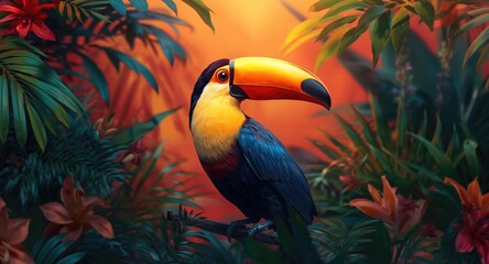 Fototapeta premium Brightly colored toucan bird icon with natural foliage
