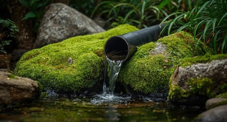 Relaxing backyard water feature with black pipe and stones blanketed in moss in serene environment
