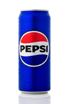 Gaziveren, Cyprus 09.14.2025 Pepsi-Cola 330 ml Can with Water Droplets Isolated on White Background