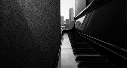 Fototapeta premium Refined monochrome photograph showing piano keyboard with urban architecture feel