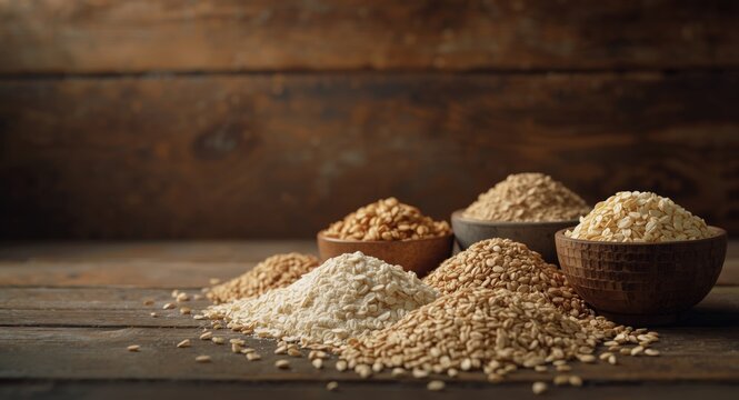 Range of raw cereal foods like millet oatmeal and brown rice flour displayed on vintage wooden backdrop with copy space