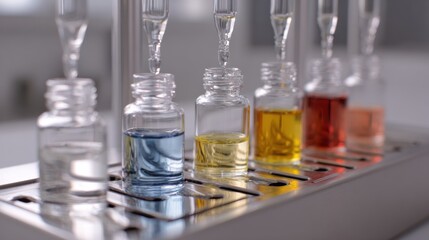 Clear Laboratory Setup with Sterile Bottles and Colorful Liquids