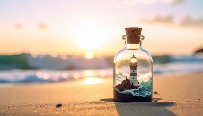 Obraz premium Macro photography of an old glass bottle resting on sand, containing a miniature lighthouse casting a strong beam of light. Hope, guidance, and safety concept.