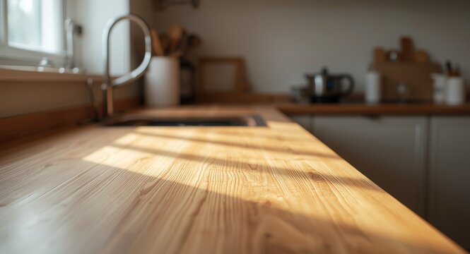 wooden work surface in kitchen illuminated by soft daylight