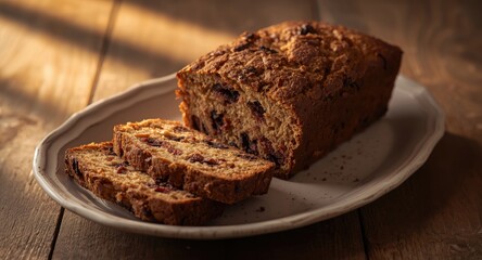 Fototapeta premium Homemade fruit and raisin sweet bread loaf sliced on a ceramic plate