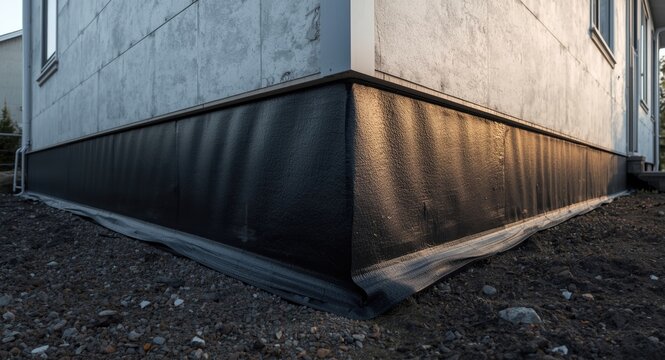 Residential build with black waterproof foundation film and foamed polystyrene wall insulation
