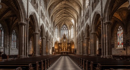 Fototapeta premium Historic medieval worship space with symmetrical design and monumental altar focus