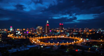 Fototapeta premium Macro photo of urban night skyline with a focus on glowing light circle created by various illuminated fixtures