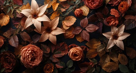 Fototapeta premium Stylish rich autumn flower backdrop with colorful seasonal tones for design