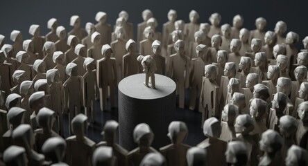 Fototapeta premium Numerous paper figures circle a lone paper figure on a pedestal set on a dark background depicting social exclusion from front