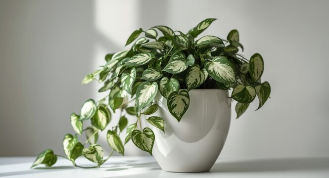 Snow Queen pothos plant in a white ceramic pot with variegated leaves