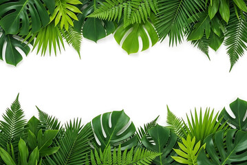 Horizontal tropical green leaves border frame with copy space on white background
