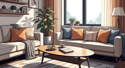 Fototapeta premium Cozy living room interior with natural light, comfortable sofas, and decorative plants.