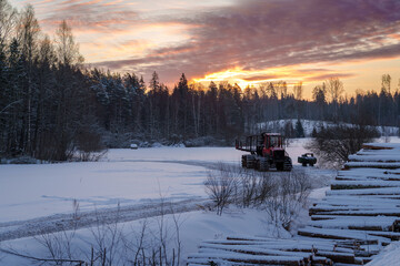 Forest tractor at the log yard