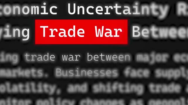 Global Trade War Impact on Economic Growth, Supply Chains, Financial Markets, Tariffs Policies, and International Business Stability. Highlight Trade War Word in a Title on Dark. 4K 2D Loop Video