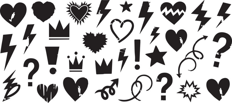 Graphic design elements set with hearts, lightning bolts, crowns, question marks on white background for creative projects