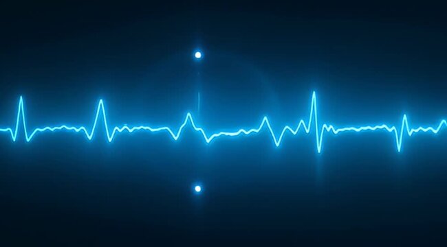 Glowing blue heart rate electrocardiogram with small dot artifacts and dark background