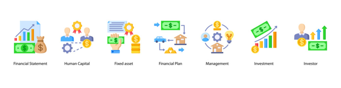Capital Investment web banner vector illustration featuring Financial Statement, Human Capital, Fixed Asset, Financial Plan, Management, Investment, and Investor.