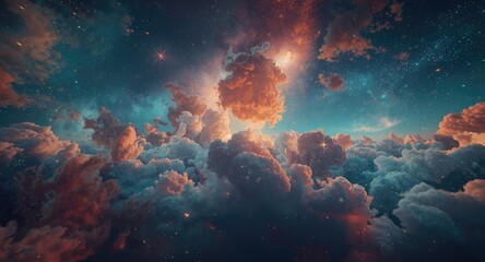 Fototapeta premium Three hundred sixty degree celestial panorama with vibrant nebula clouds and star clusters in stylized 3D environment