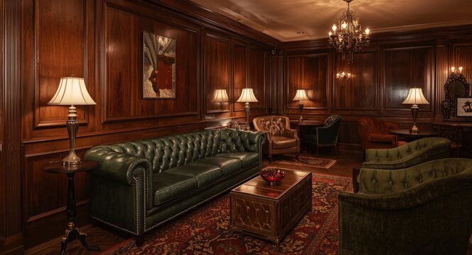 Retro 1940s lounge with dark wood panel interiors and a classic green leather couch