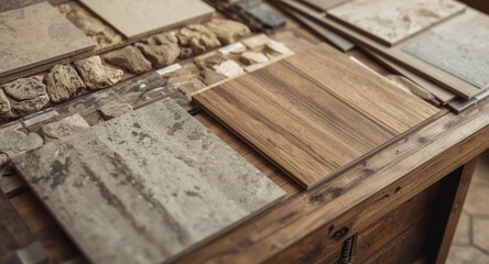 Fototapeta premium Home renovation display of stone and wood laminate samples on rustic wooden surface