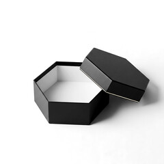 Open black hexagonal gift box with lid for luxury product packaging mockup