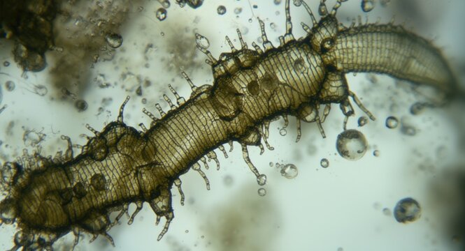 Microscopic visualization of Phacus pleuronectes Euglenids with chloroplasts and striated pellicle in differential interference contrast copy space