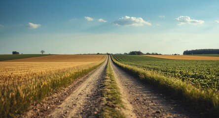 Obraz premium Simple dirt road traversing orderly farmland fields in countryside