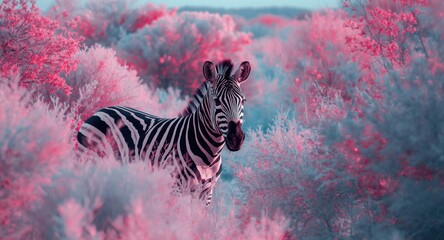 Fototapeta premium Zebra in infrared colors set within a pink and aquamarine natural landscape accented by light gray tones