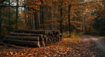 Rustic setting in an autumn forest with logs piled and vibrant orange yellow leaf surroundings