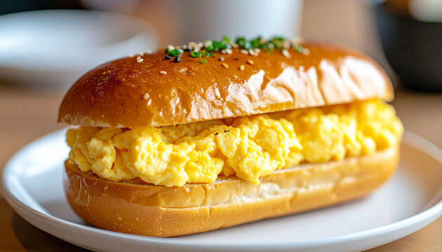 Japanese tamago sando with creamy egg mayo filling, soft milk bread, Tokyo cafe aesthetic. Tasty food