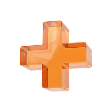 Glossy Orange 3D Glass Plus Sign Icon on Transparent Background