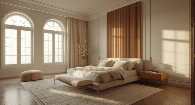 Elegant minimalist bedroom with wood details and natural light streaming through arched windows
