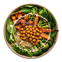 Large vegan buddha bowl salad with roasted chickpeas quinoa and fresh vegetables top view