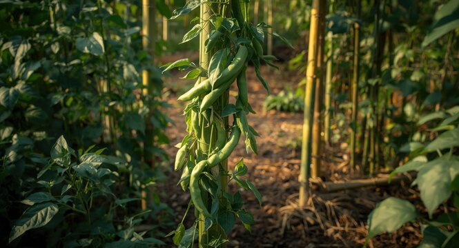 Organic vegetable garden with climbing runner beans on bamboo pole framework