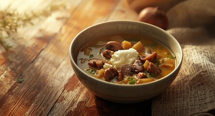Fototapeta premium Flavorful gourmet soup with mushrooms and cottage cheese served on stylish surface