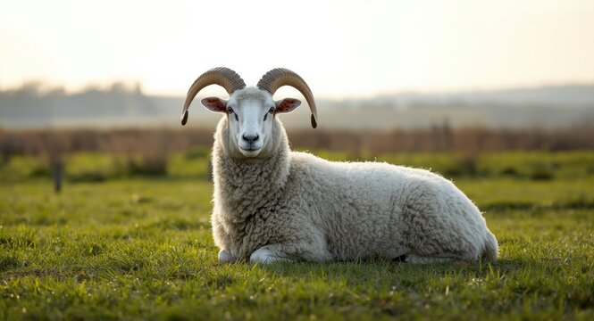 Content horned Garut sheep posing full length on fresh green grassy pasture