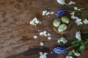 Easter flat lay. Stylish easter eggs in nest and spring flowers and cherry blossoms on rustic wooden background. Easter celebration, season greetings. space for text © sonyachny