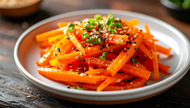 Carrot banchan with sesame oil and garlic, small side dish on dark wooden table, Korean cuisine styling.