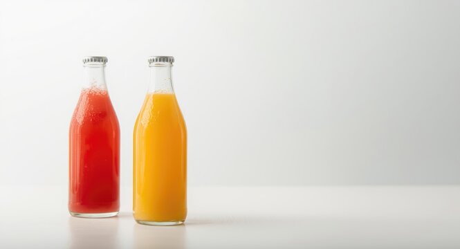 Three bottles containing juice with clean backdrop and copy space for text