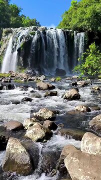 Cascade at Bassin Nicole and Bassin Boeuf, Sainte Suzanne, la Reunion. Strong waterfall in lush tropical environment, during rainy season. Vertical video