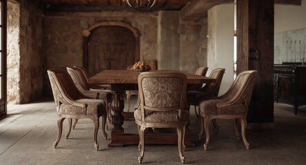 Vintage chairs and walnut table complementing minimalist rustic dining room