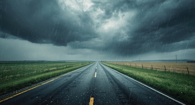Stormy weather captured on a road surrounded by fields with heavy hail and rain