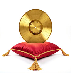 Złota płyta gramofonowa stojąca na czerwonej, królewskiej poduszce ze złotymi frędzlami
